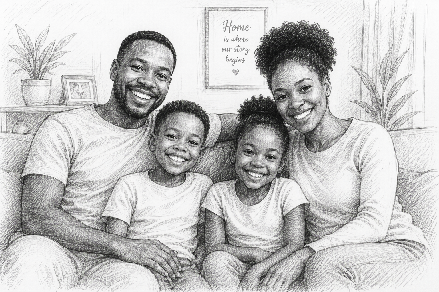 Happy African family at home sketch